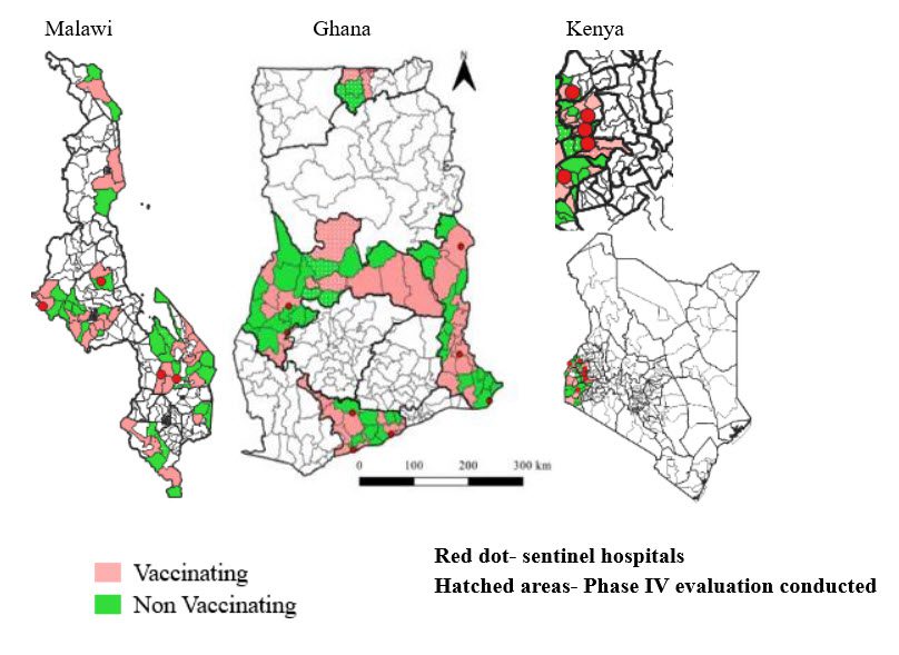Data vizzes re malaria vaccine prevalence in Malawi, Ghana, and Kenya.