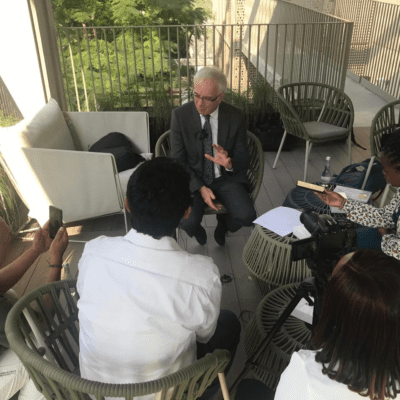 HJN Climate-Health media fellows interviewing Global Fund CEO Petter Sands at COP28 in Dubai